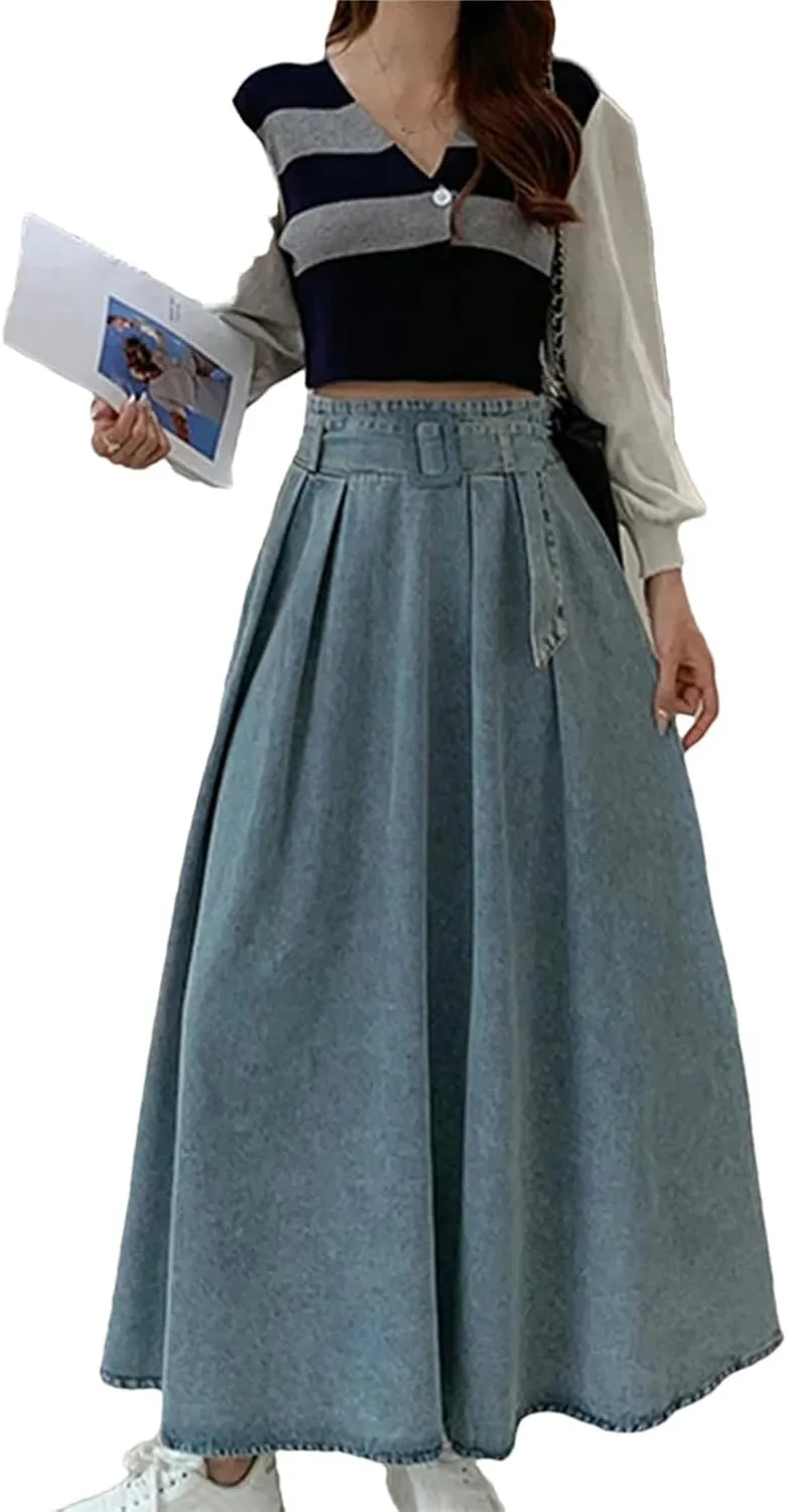 Women's A-Line Denim Pleated Skirt Long Denim Skirt Harajuku Korean Style Denim Skirt