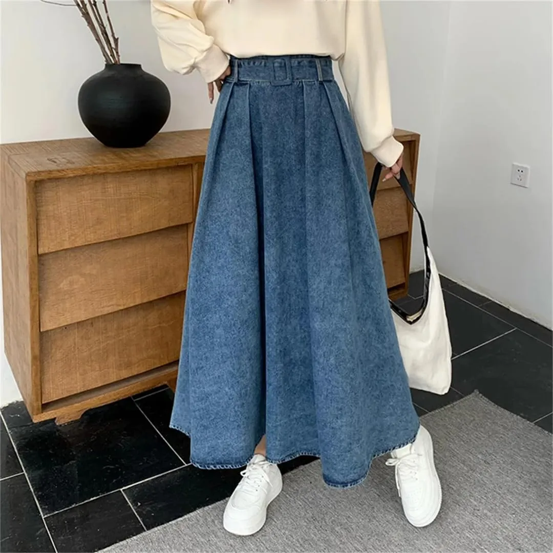 Women's A-Line Denim Pleated Skirt Long Denim Skirt Harajuku Korean Style Denim Skirt