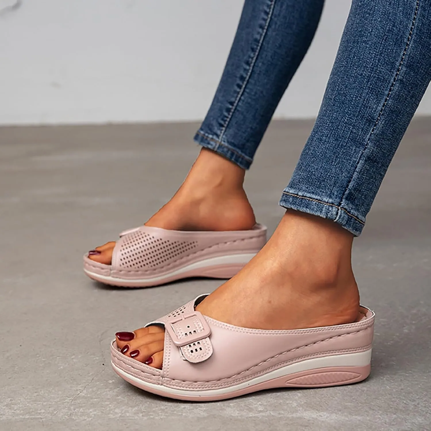 Women's Arch Support Sandals Cutout Orthopedic Wedge Slippers Leather Soft Insole Retro Bohemian Summer Casual Slip On Sandals Wedges Shoe