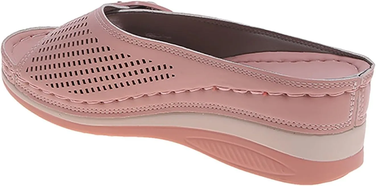 Women's Arch Support Sandals Cutout Orthopedic Wedge Slippers Leather Soft Insole Retro Bohemian Summer Casual Slip On Sandals Wedges Shoe