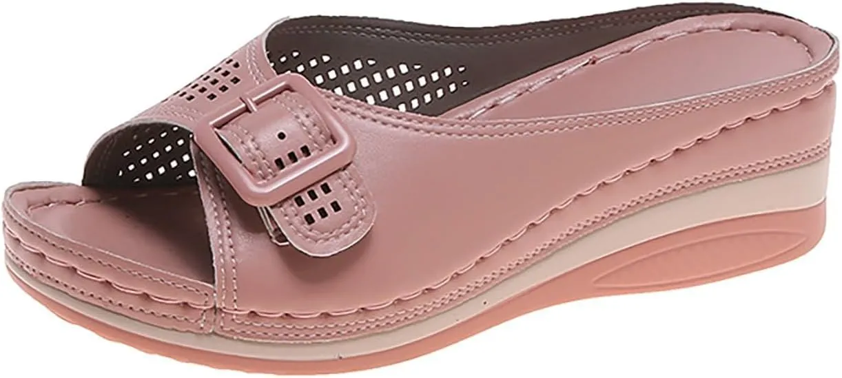 Women's Arch Support Sandals Cutout Orthopedic Wedge Slippers Leather Soft Insole Retro Bohemian Summer Casual Slip On Sandals Wedges Shoe