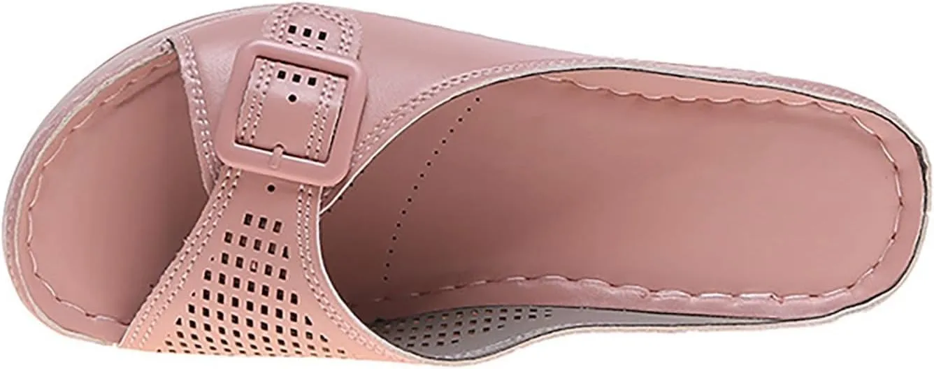 Women's Arch Support Sandals Cutout Orthopedic Wedge Slippers Leather Soft Insole Retro Bohemian Summer Casual Slip On Sandals Wedges Shoe