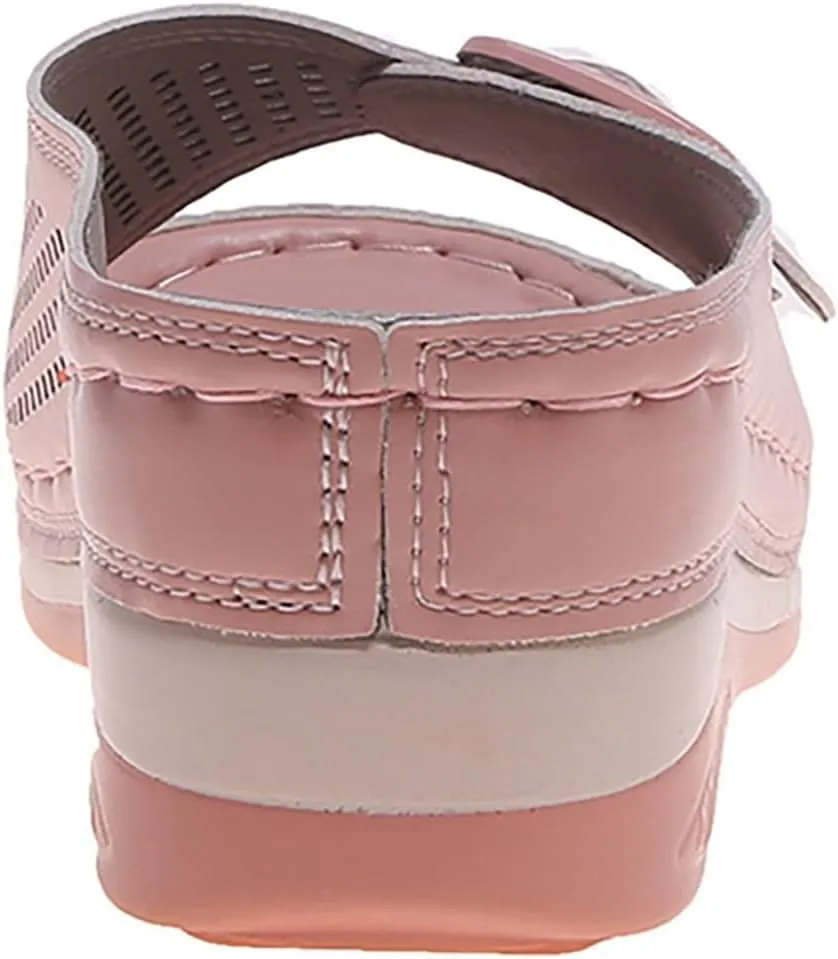 Women's Arch Support Sandals Cutout Orthopedic Wedge Slippers Leather Soft Insole Retro Bohemian Summer Casual Slip On Sandals Wedges Shoe