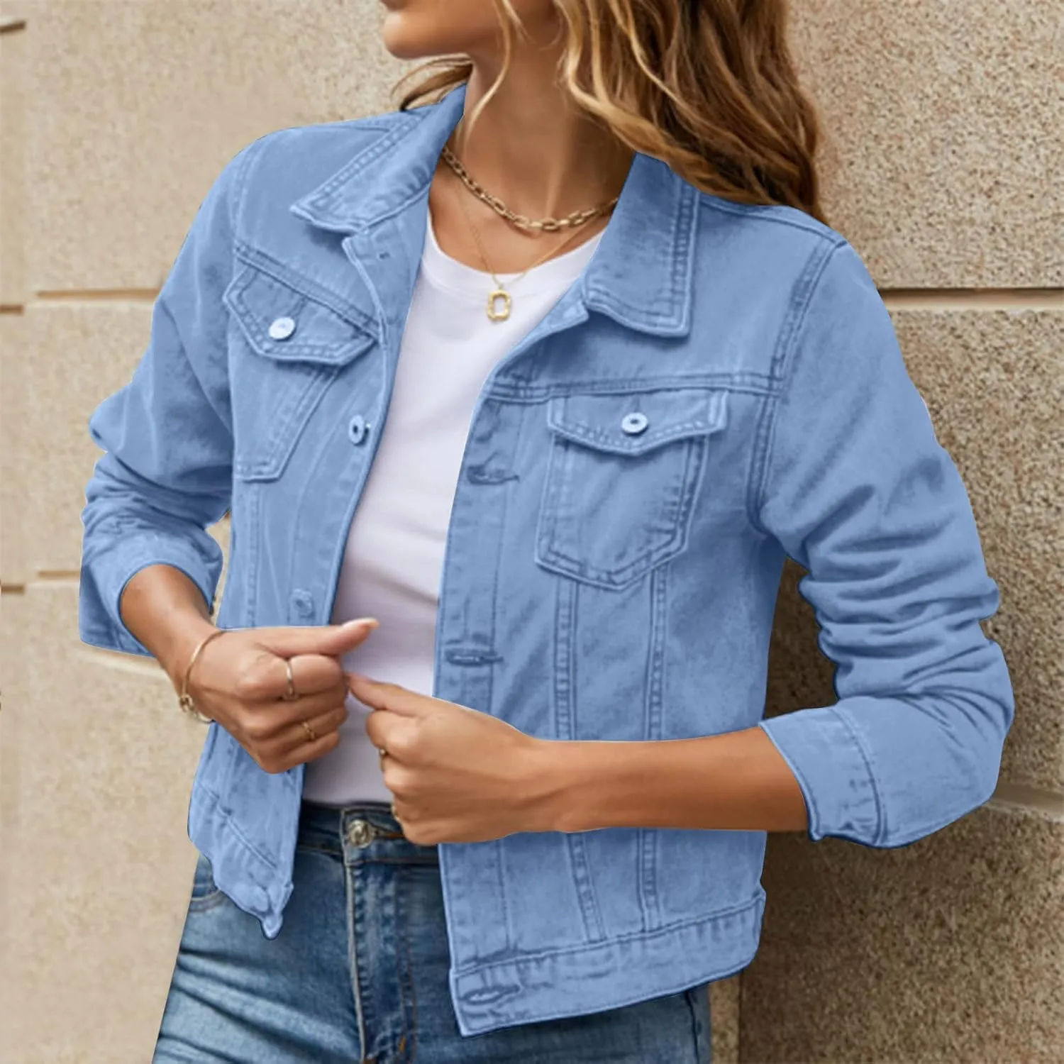 Women's Basic Solid Color Button Down Denim With Pockets Denim Coat Little Denim Jacket