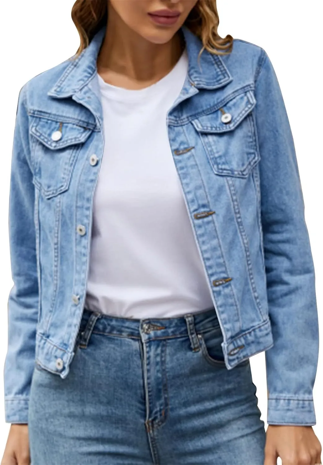 Women's Basic Solid Color Button Down Denim With Pockets Denim Coat Little Denim Jacket