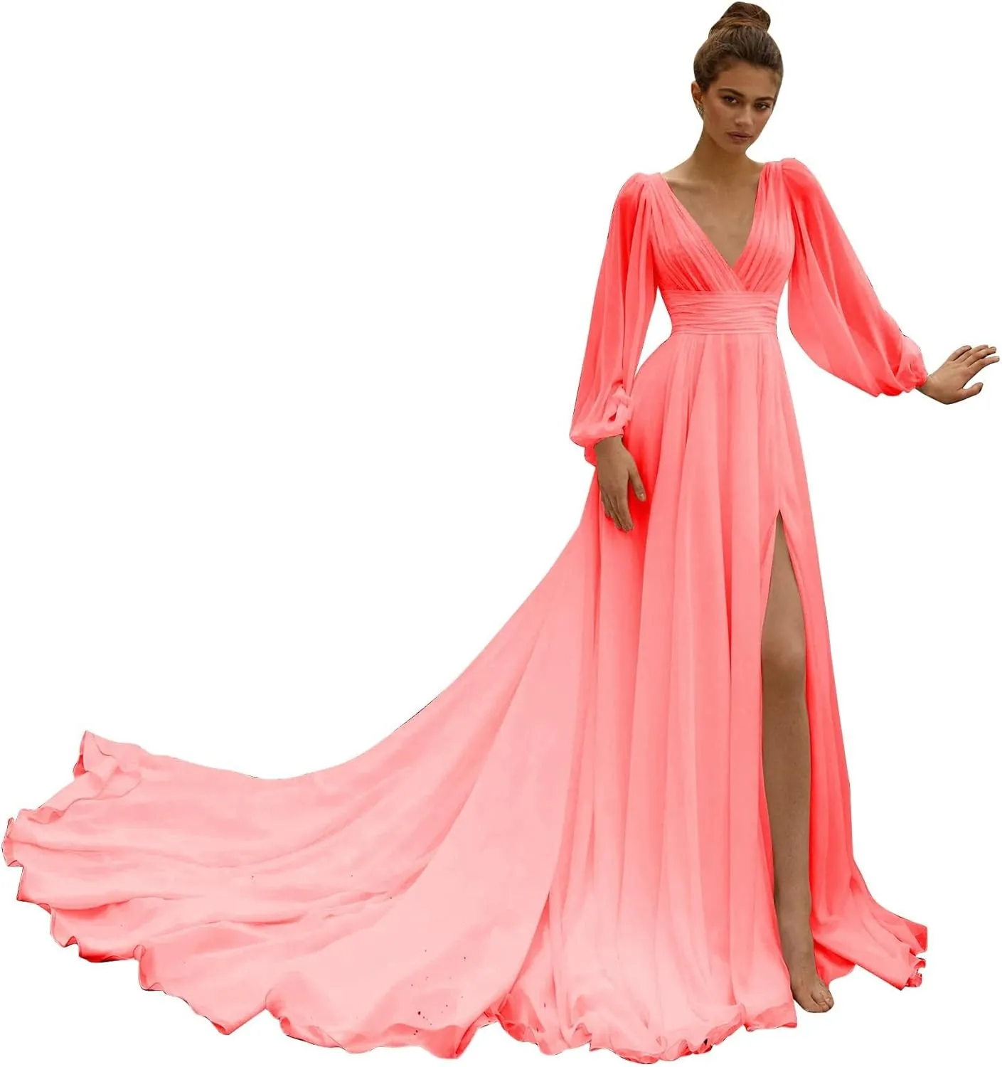 Women's Bridesmaids Gown for Wedding Off Shoulder Split Chiffon Formal Dress with Pockets