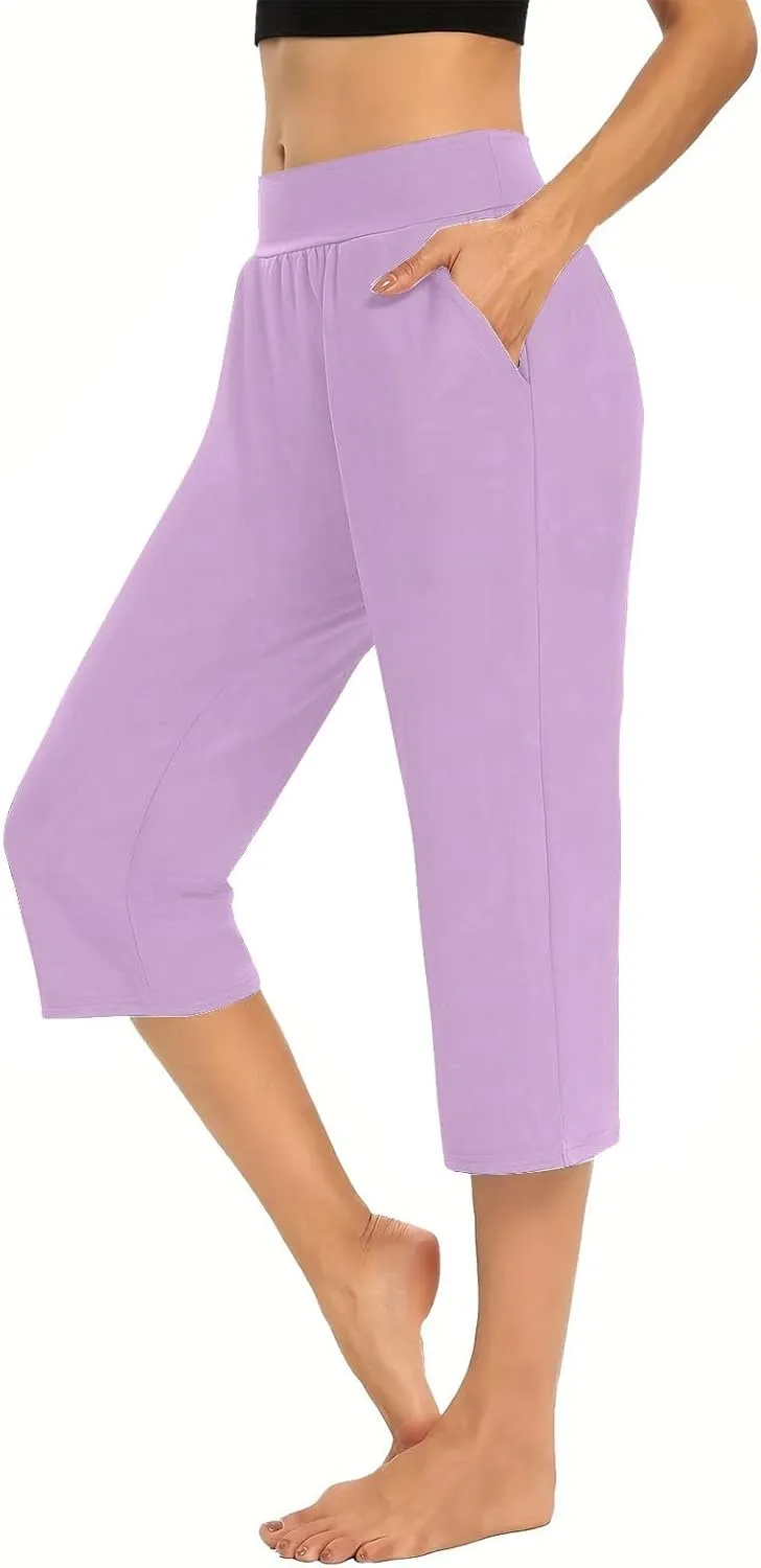 Womens Capri Pajama Pants Sleep Capris Cropped Lounge Bottoms Summer Wide Leg Crop Pants Loose Comfy Yoga Jogger Capri Pants