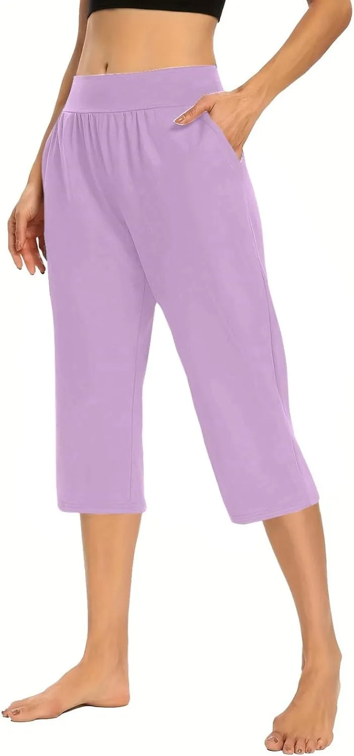 Womens Capri Pajama Pants Sleep Capris Cropped Lounge Bottoms Summer Wide Leg Crop Pants Loose Comfy Yoga Jogger Capri Pants