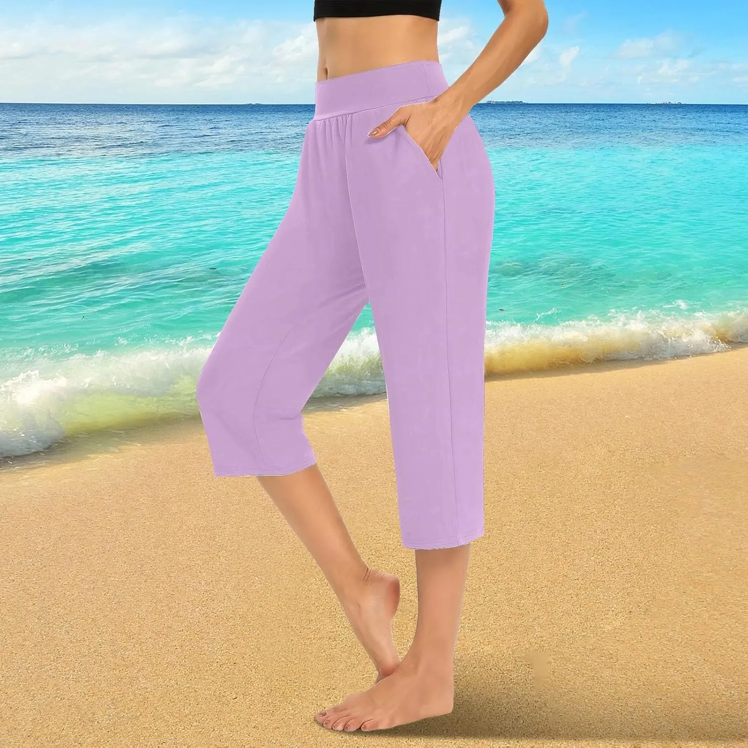 Womens Capri Pajama Pants Sleep Capris Cropped Lounge Bottoms Summer Wide Leg Crop Pants Loose Comfy Yoga Jogger Capri Pants