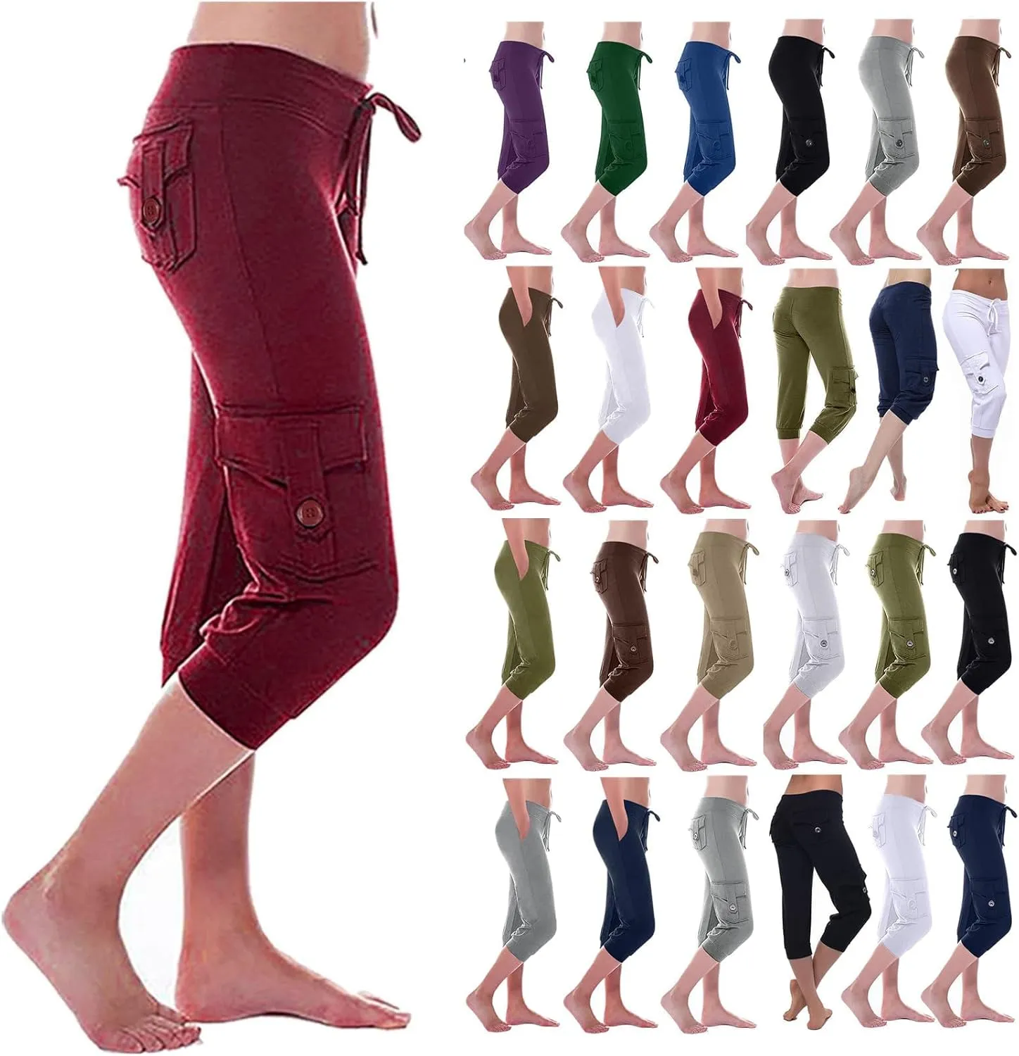 Women's Capri Pants Summer Lightweight Outdoor Hiking Stretchy Capris with Drawstring Cargo Pockets Yoga Cropped Pant