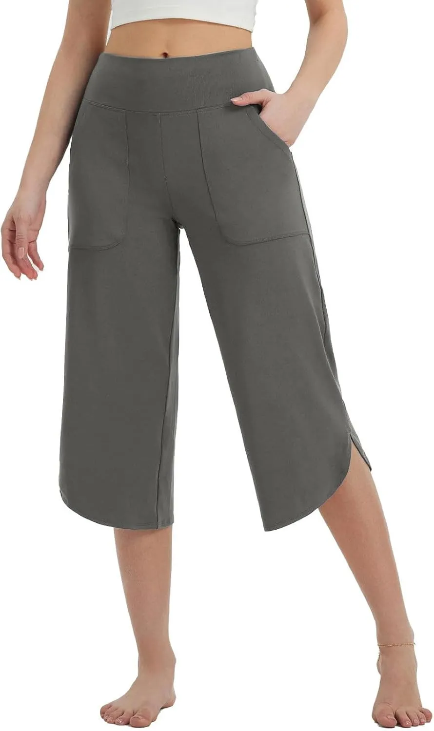 Womens Capri Yoga Pants Loose Fit Stretch Training Pant Wide Leg Split Leggings Athletic Running Workout Trousers