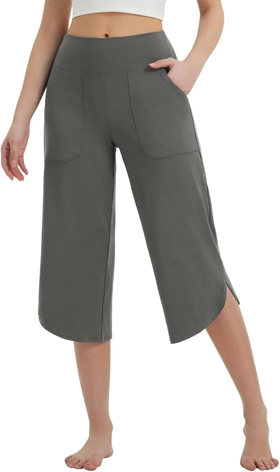 Womens Capri Yoga Pants Loose Fit Stretch Training Pant Wide Leg Split Leggings Athletic Running Workout Trousers