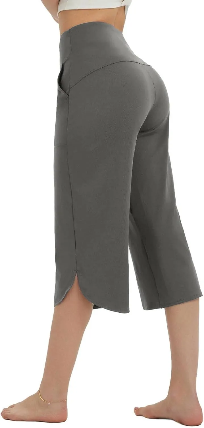 Womens Capri Yoga Pants Loose Fit Stretch Training Pant Wide Leg Split Leggings Athletic Running Workout Trousers