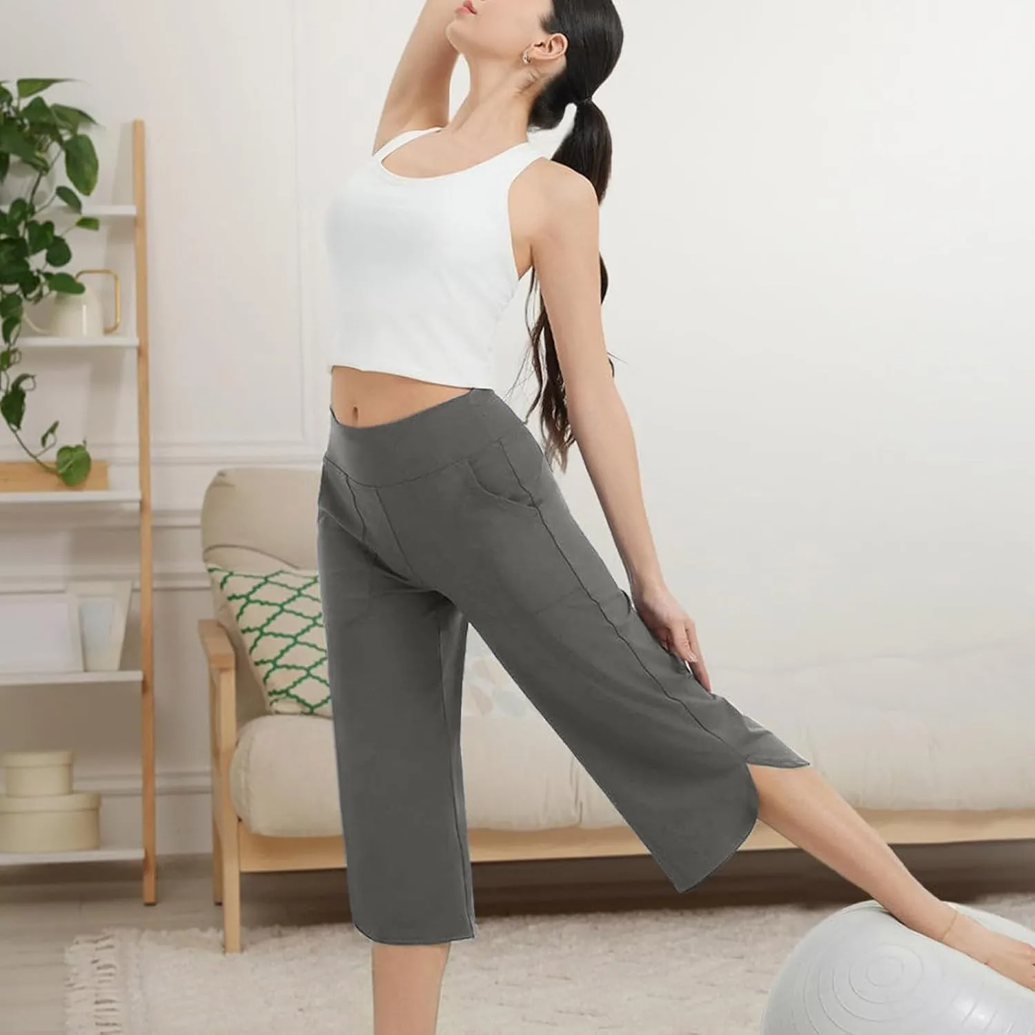 Womens Capri Yoga Pants Loose Fit Stretch Training Pant Wide Leg Split Leggings Athletic Running Workout Trousers