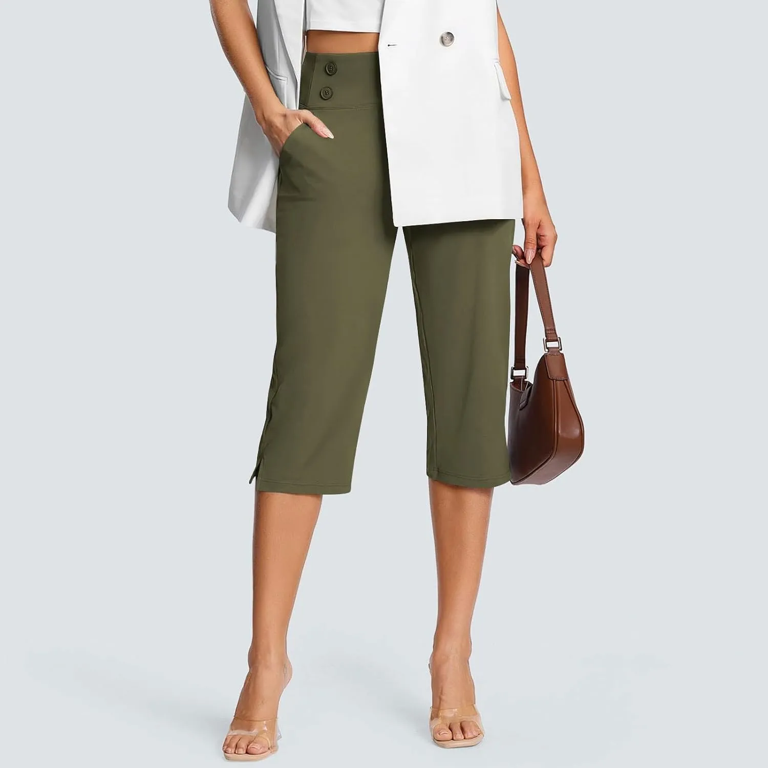 Women's Capris, High Waisted Summer Pants Straight Leg Stretchy Dressy Casual Golf Slacks with Pockets