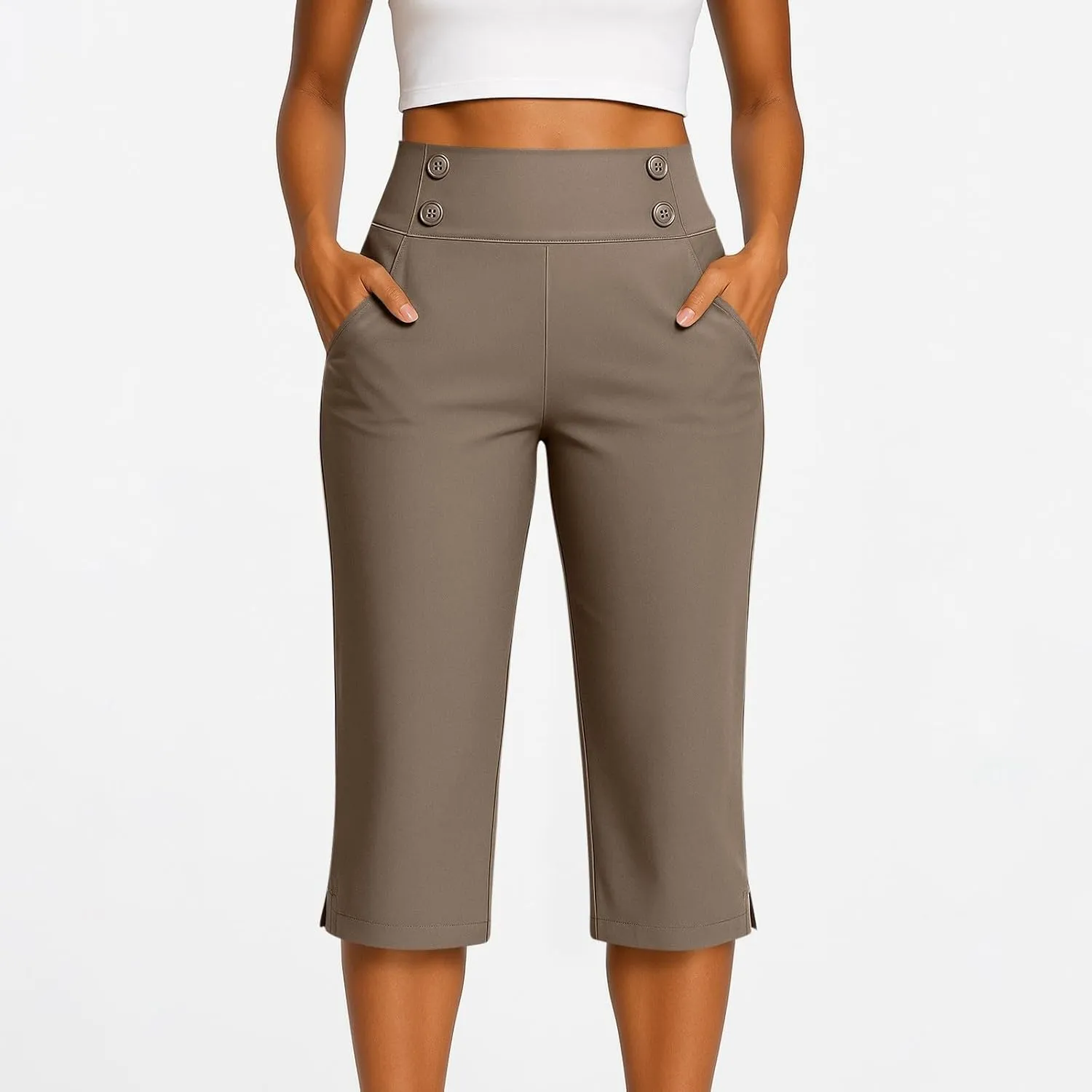 Women's Capris, High Waisted Summer Pants Straight Leg Stretchy Dressy Casual Golf Slacks with Pockets