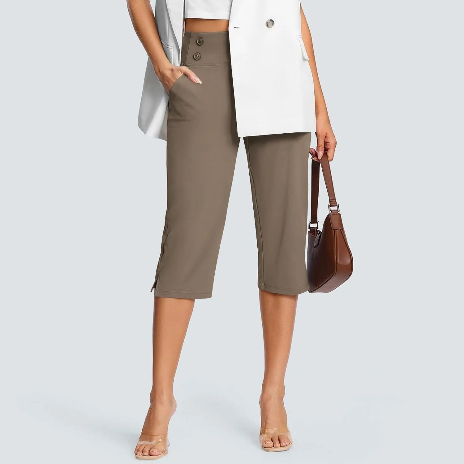 Women's Capris, High Waisted Summer Pants Straight Leg Stretchy Dressy Casual Golf Slacks with Pockets