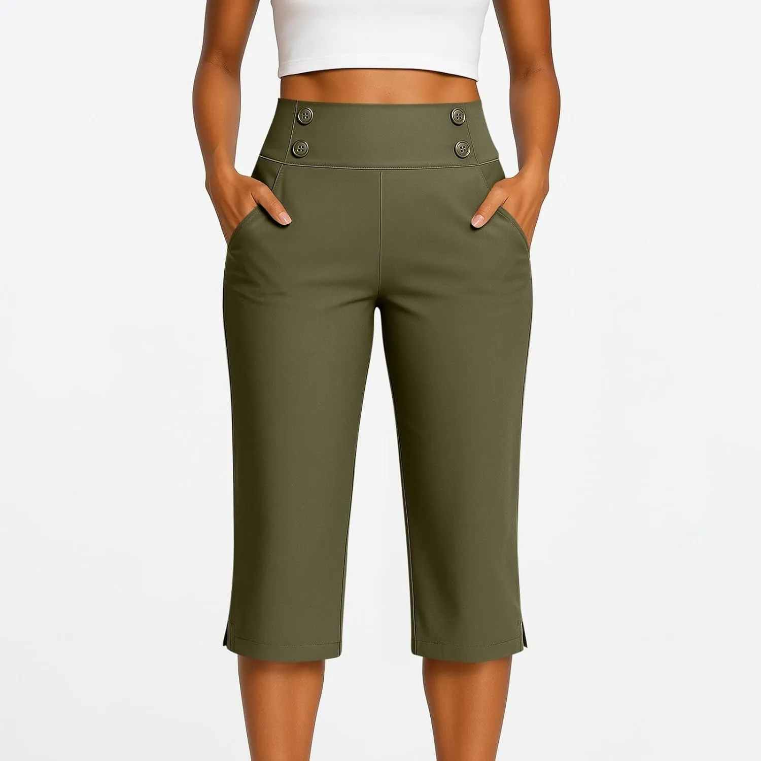 Women's Capris, High Waisted Summer Pants Straight Leg Stretchy Dressy Casual Golf Slacks with Pockets