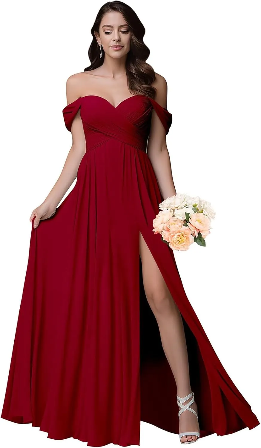 Women's Chiffon V-Neck Bridesmaid Dresses Long 2024 Off Shoulder Prom Dresses with Slit