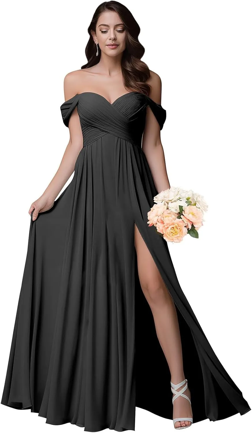 Women's Chiffon V-Neck Bridesmaid Dresses Long 2024 Off Shoulder Prom Dresses with Slit