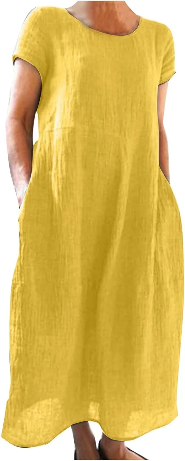 Womens Cotton Linen A-Line Maxi Beach Sundress Plus Size Solid Color Spring Dresses Travel Vacation 2025 Summer Outfits
