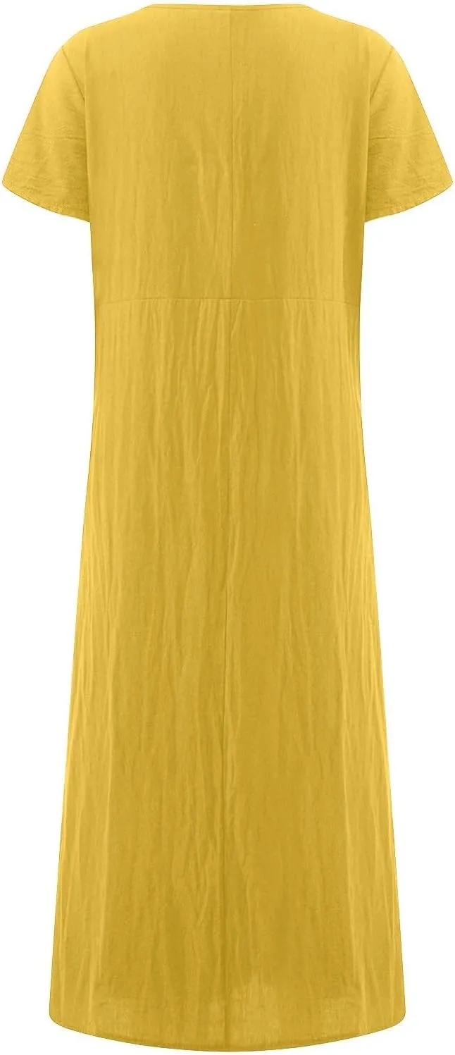 Womens Cotton Linen A-Line Maxi Beach Sundress Plus Size Solid Color Spring Dresses Travel Vacation 2025 Summer Outfits