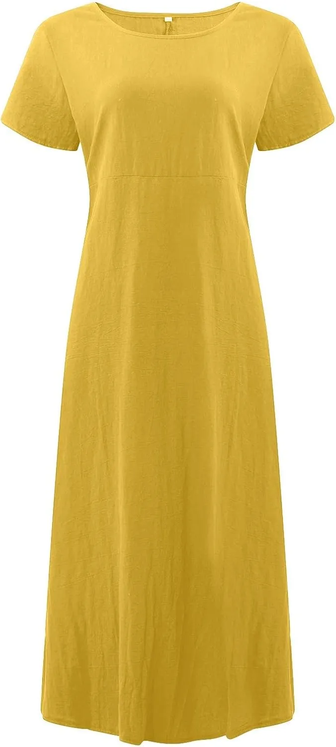Womens Cotton Linen A-Line Maxi Beach Sundress Plus Size Solid Color Spring Dresses Travel Vacation 2025 Summer Outfits