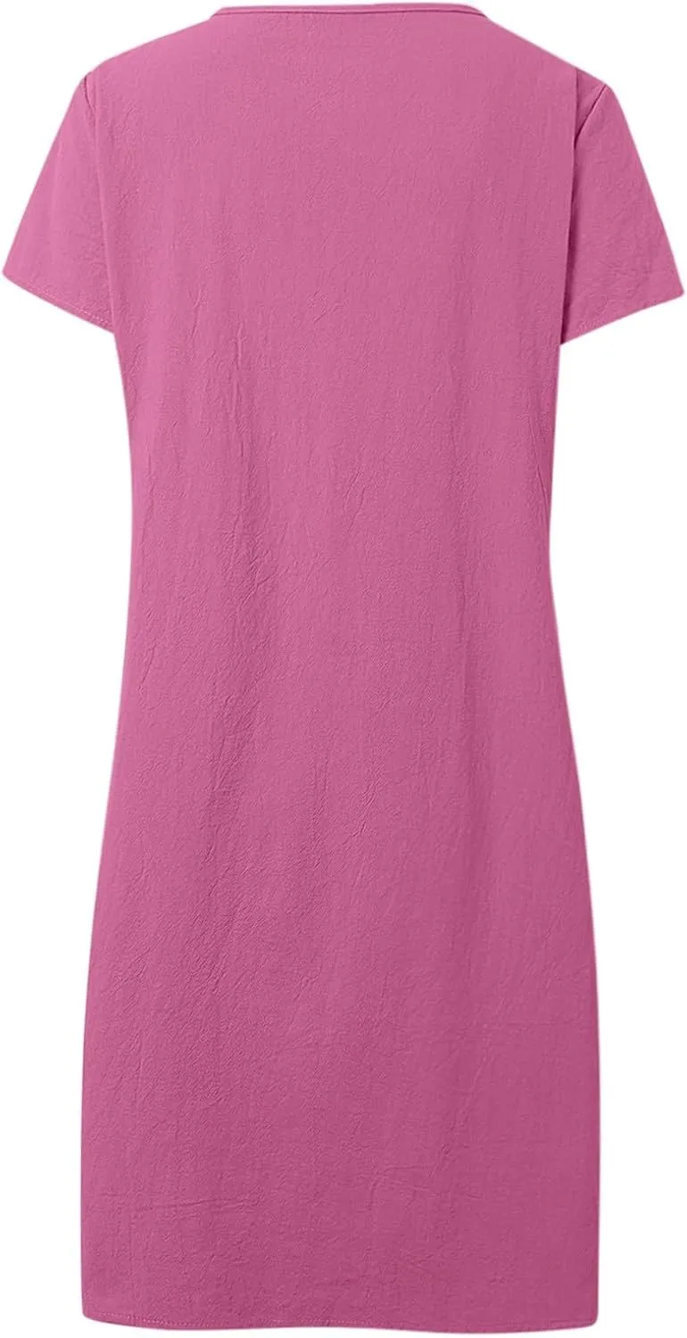 Women's Cotton Linen Midi Dress Plus Size Cap Sleeve Pleated Summer Dresses Vacation 2025 Crew Neck Casual Dress for Women