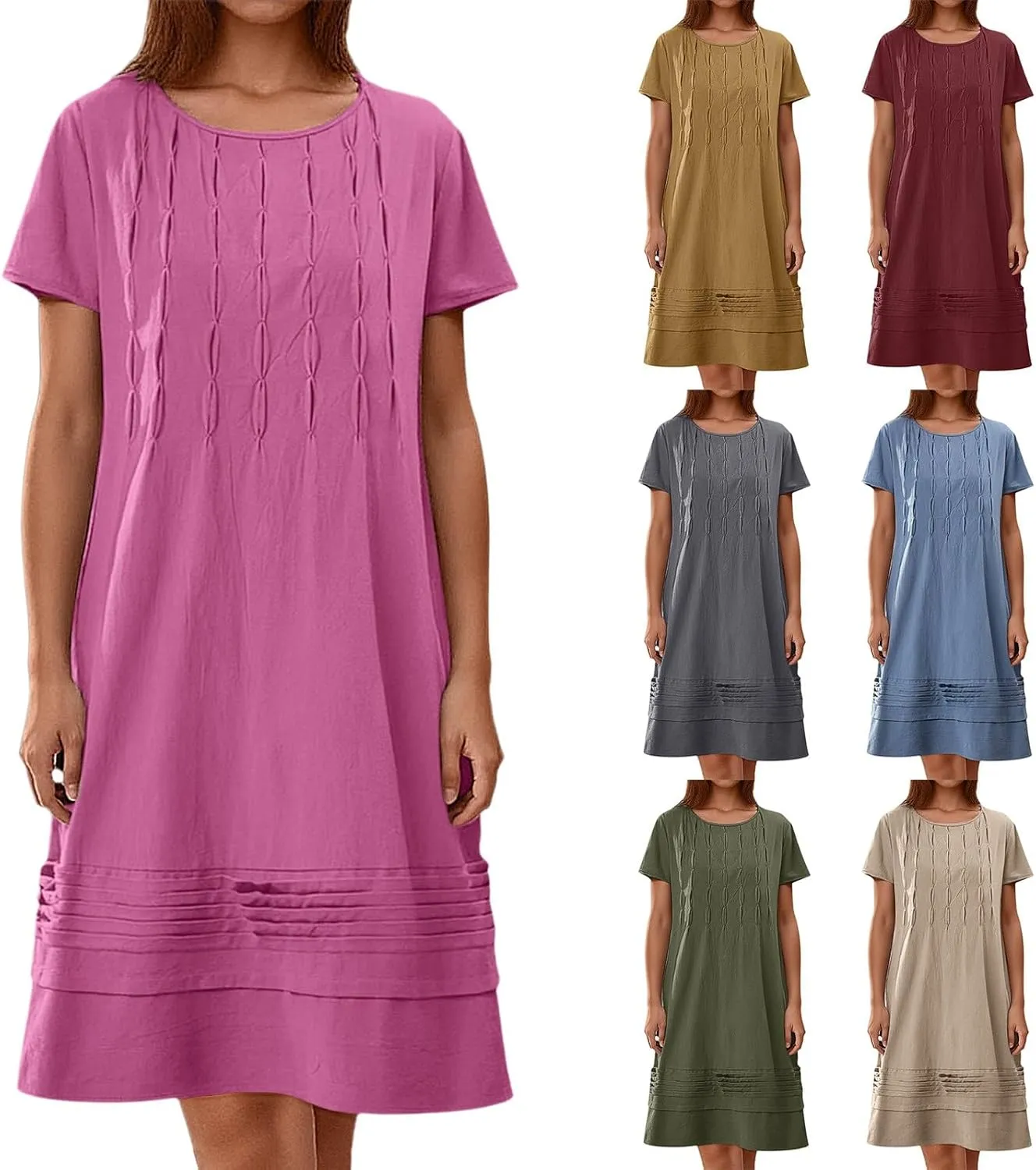 Women's Cotton Linen Midi Dress Plus Size Cap Sleeve Pleated Summer Dresses Vacation 2025 Crew Neck Casual Dress for Women