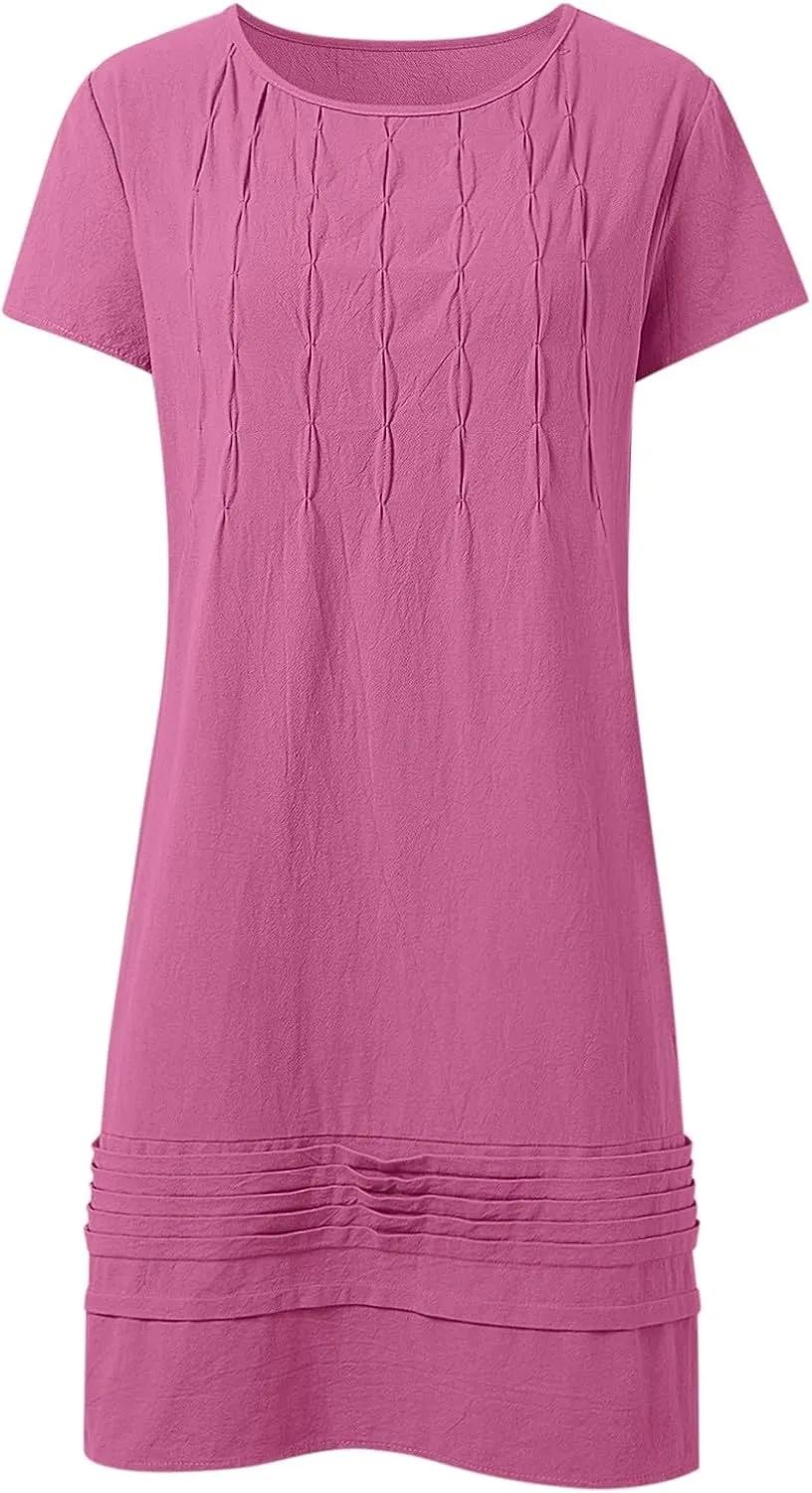 Women's Cotton Linen Midi Dress Plus Size Cap Sleeve Pleated Summer Dresses Vacation 2025 Crew Neck Casual Dress for Women