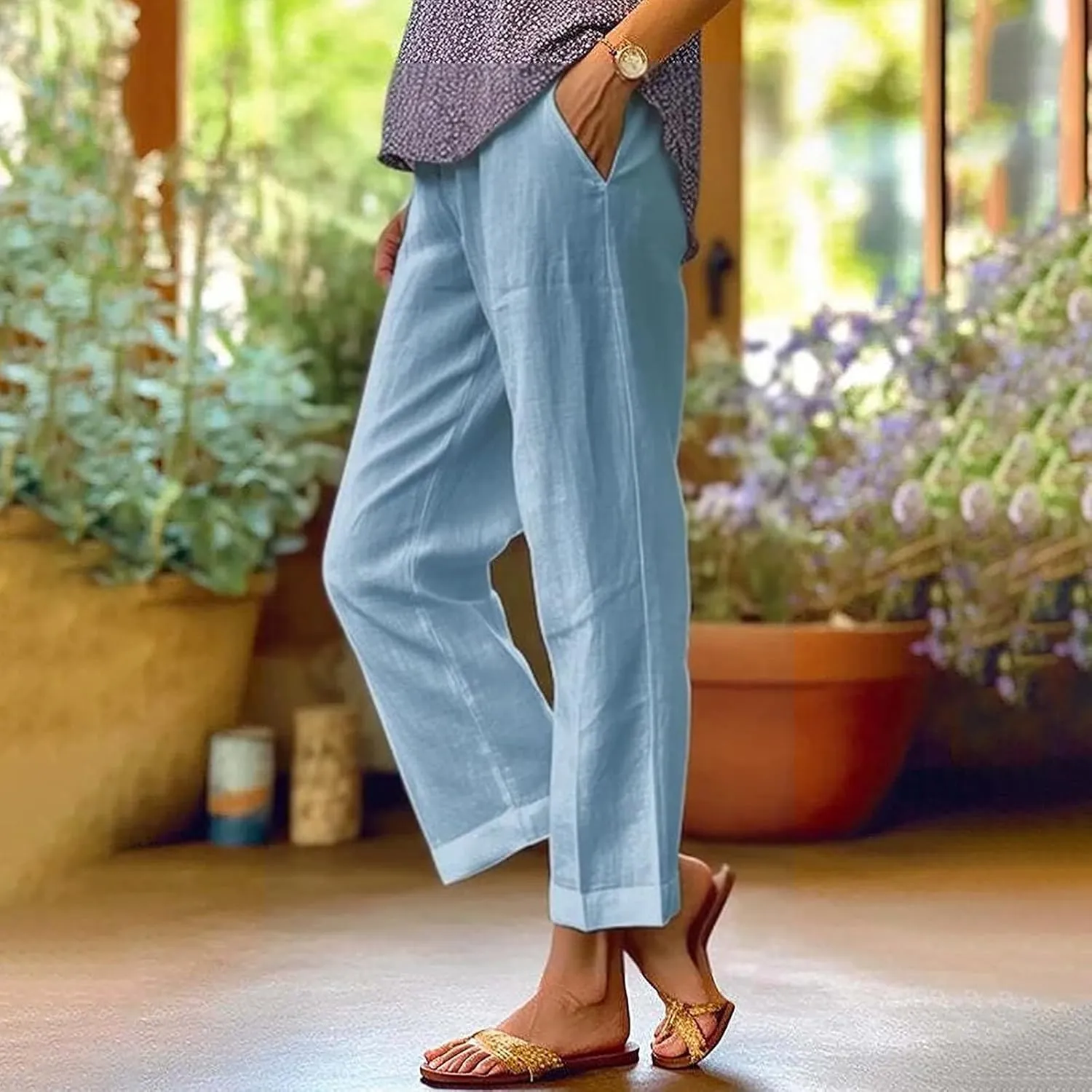 Women's Cotton Linen Pants Elastic Pants Long Drawstring Linen Women Waist Cotton Casual Pants Casual Wide Leg Loose