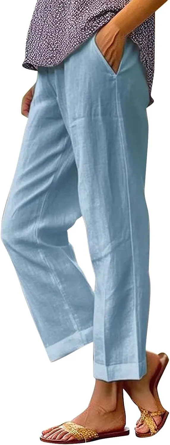 Women's Cotton Linen Pants Elastic Pants Long Drawstring Linen Women Waist Cotton Casual Pants Casual Wide Leg Loose