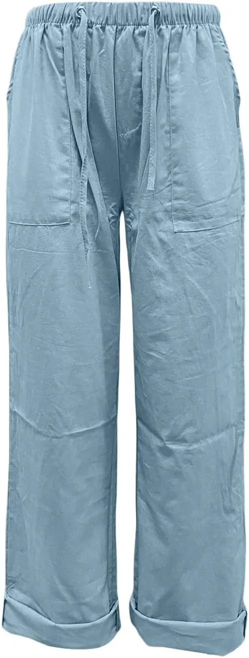 Womens Cotton Linen Tapered Pants Quick Dry Summer Drawstring Elastic Waist Boho Pants Casual Trousers with Pockets