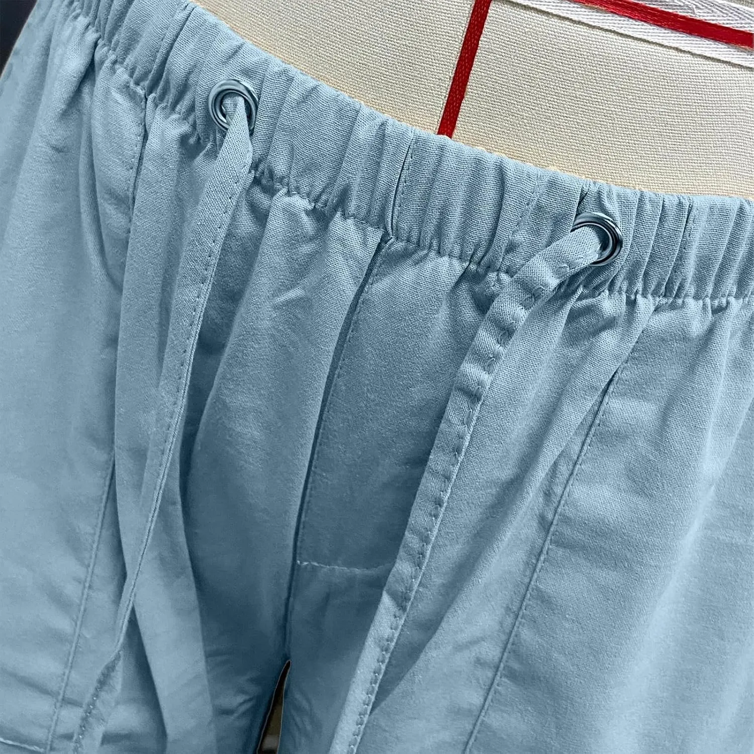Womens Cotton Linen Tapered Pants Quick Dry Summer Drawstring Elastic Waist Boho Pants Casual Trousers with Pockets