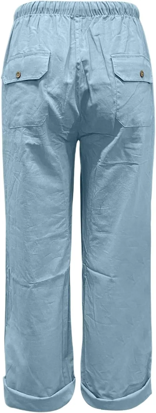 Womens Cotton Linen Tapered Pants Quick Dry Summer Drawstring Elastic Waist Boho Pants Casual Trousers with Pockets