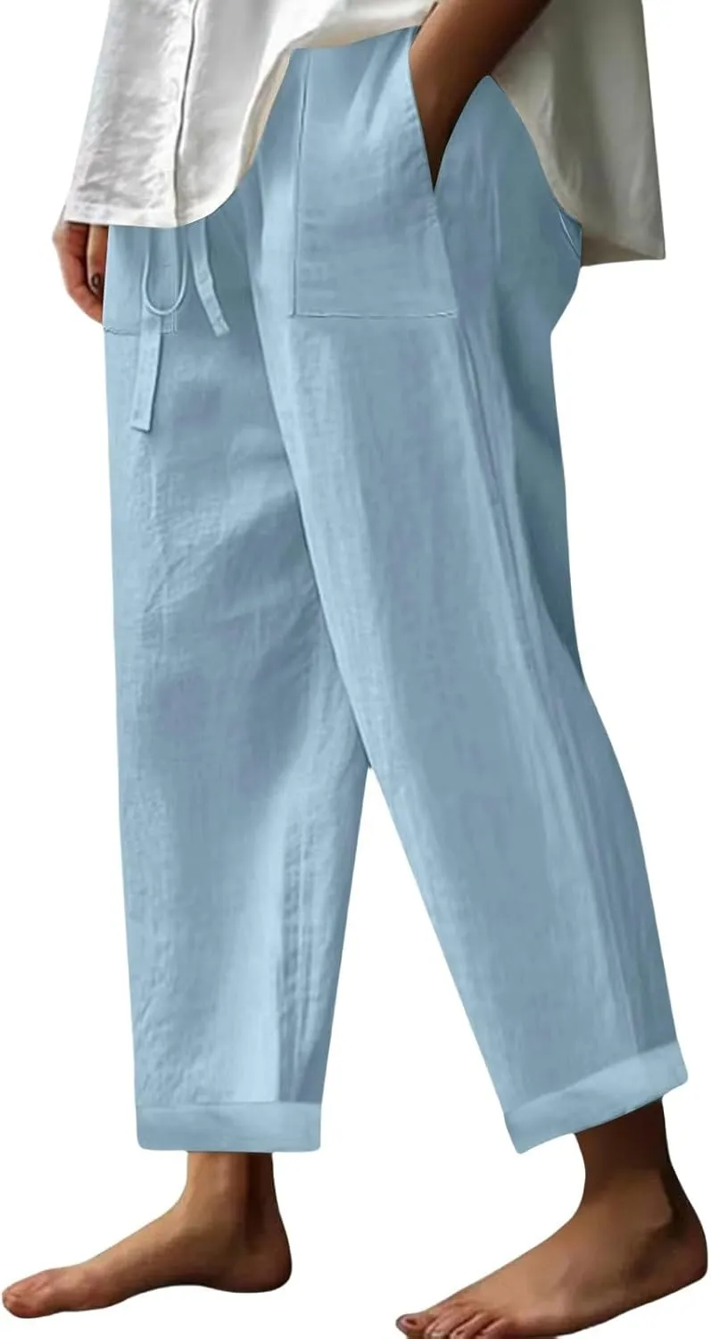 Womens Cotton Linen Tapered Pants Quick Dry Summer Drawstring Elastic Waist Boho Pants Casual Trousers with Pockets