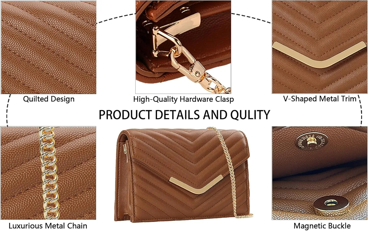 Women's Crossbody Bag - Vegan Leather Quilted Shoulder Purse,Detachable Chain Strap&Multi-Pockets for Everyday Use