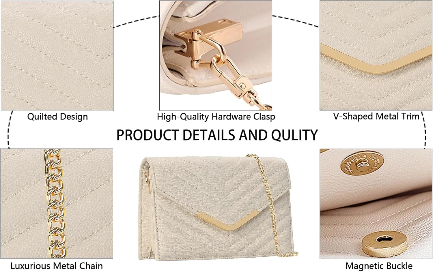 Women's Crossbody Bag - Vegan Leather Quilted Shoulder Purse,Detachable Chain Strap&Multi-Pockets for Everyday Use