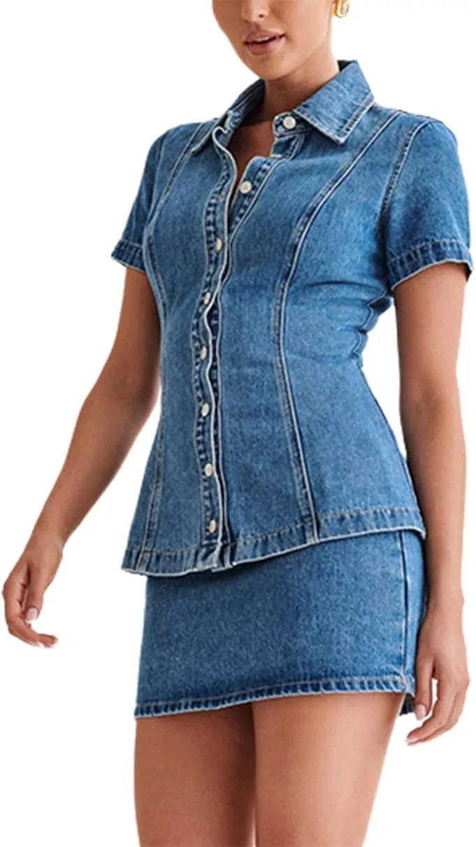Women's Denim Set Business Casual Short Sleeve Denim Jacket and Mini Bodycon Skirt 2 Pieces Denim Outfit