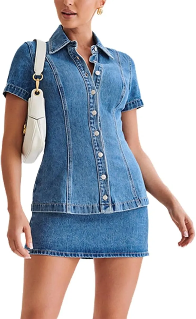 Women's Denim Set Business Casual Short Sleeve Denim Jacket and Mini Bodycon Skirt 2 Pieces Denim Outfit