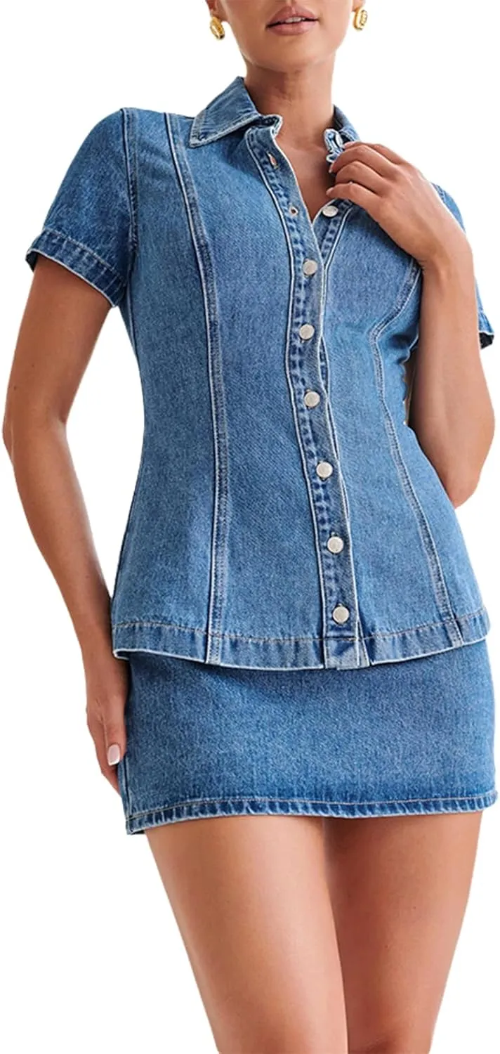 Women's Denim Set Business Casual Short Sleeve Denim Jacket and Mini Bodycon Skirt 2 Pieces Denim Outfit