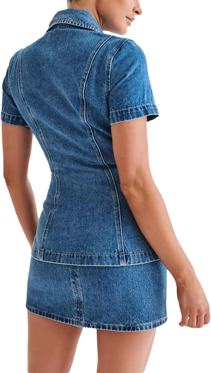 Women's Denim Set Business Casual Short Sleeve Denim Jacket and Mini Bodycon Skirt 2 Pieces Denim Outfit