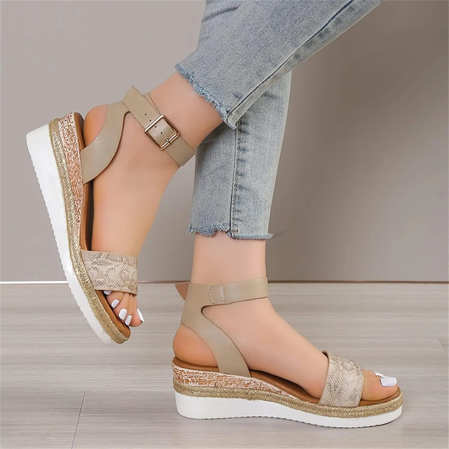 Womens Dressy Wedge Sandals, Open Toe Buckle Ankle Strap Espadrille Platform Sandals, Summer Casual Sandal for Vacation Beach Travel