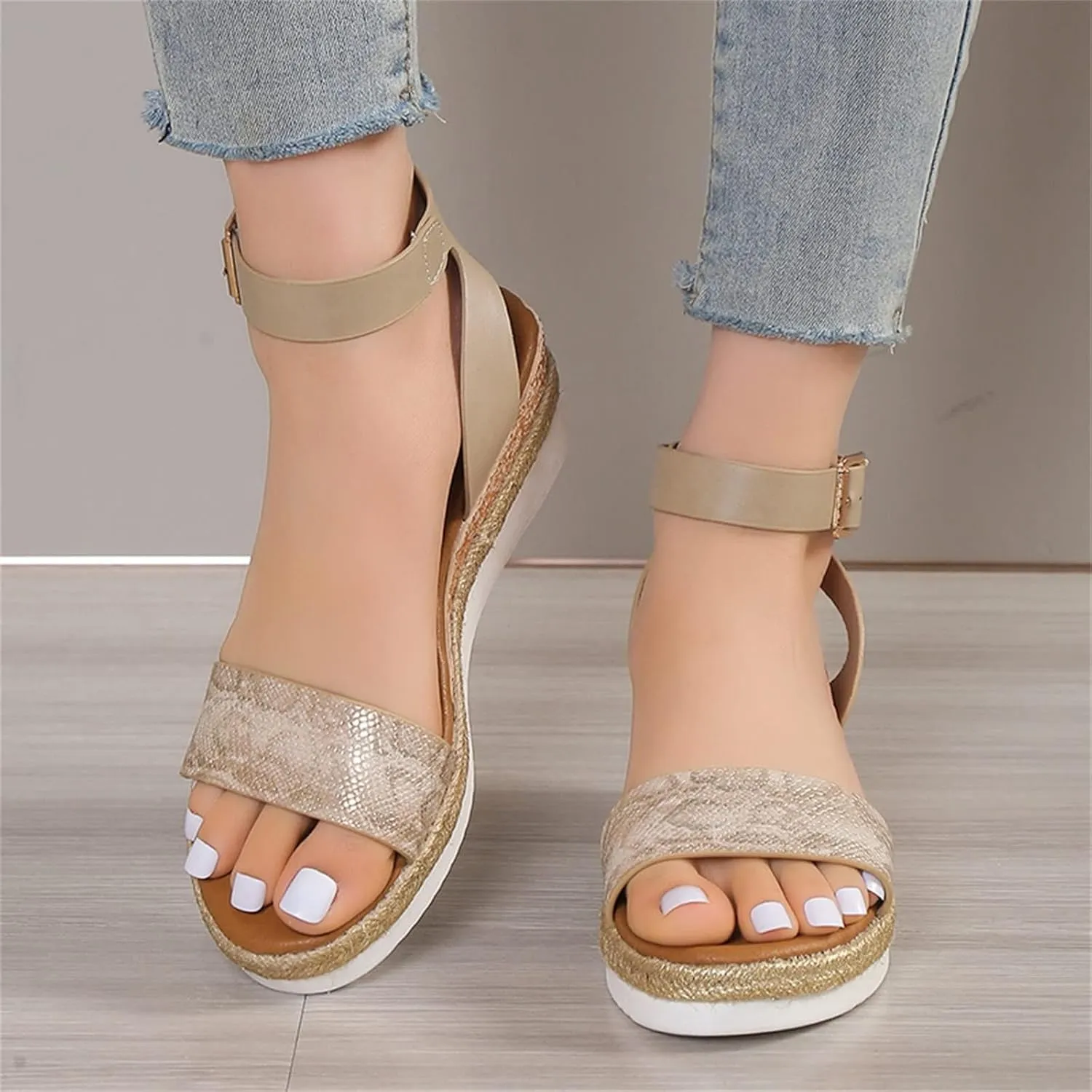 Womens Dressy Wedge Sandals, Open Toe Buckle Ankle Strap Espadrille Platform Sandals, Summer Casual Sandal for Vacation Beach Travel