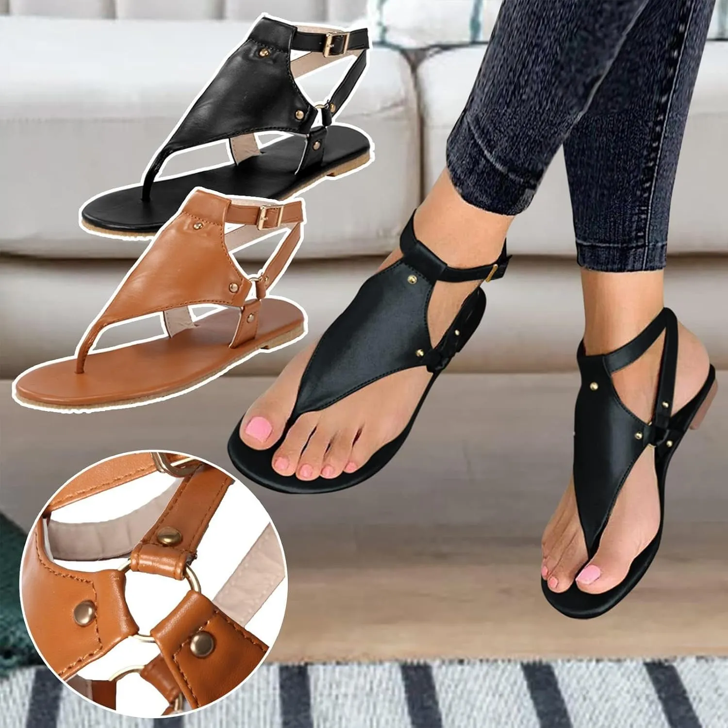 Women's Elastic Strappy Thong Ankle Strap Summer Gladiator Sandals T-Strap Walking Thong Sandals for Women, Beach Flat Walking Shoes Comfortable Slip on Dress Shoes