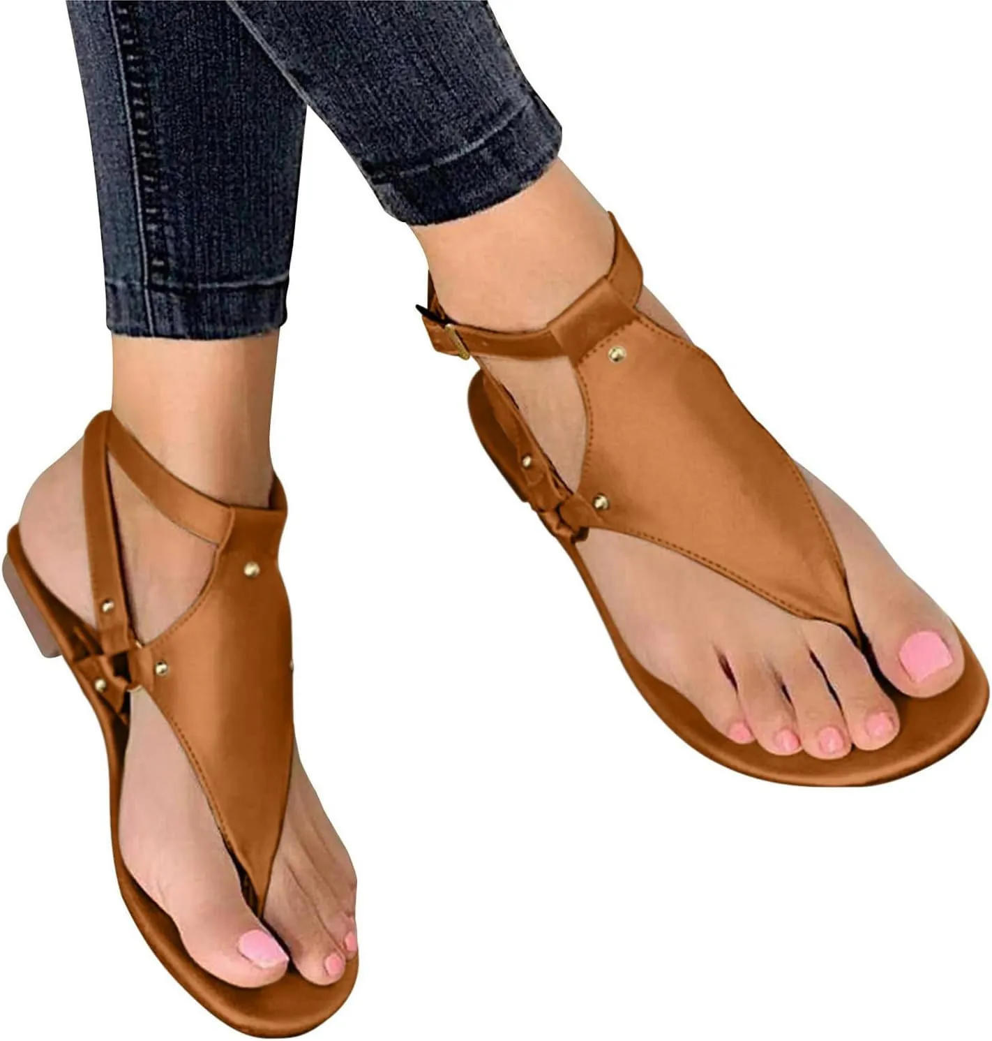 Women's Elastic Strappy Thong Ankle Strap Summer Gladiator Sandals T-Strap Walking Thong Sandals for Women, Beach Flat Walking Shoes Comfortable Slip on Dress Shoes