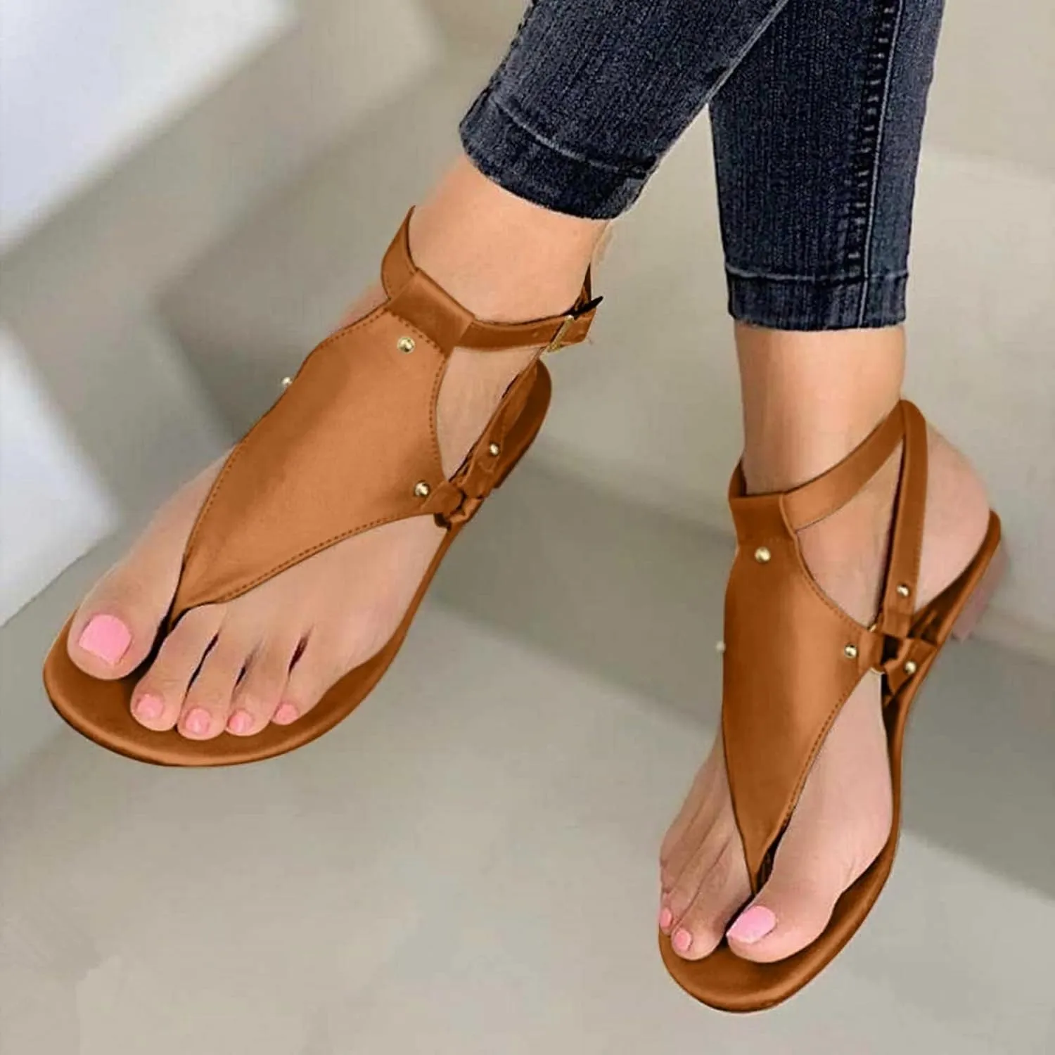 Women's Elastic Strappy Thong Ankle Strap Summer Gladiator Sandals T-Strap Walking Thong Sandals for Women, Beach Flat Walking Shoes Comfortable Slip on Dress Shoes