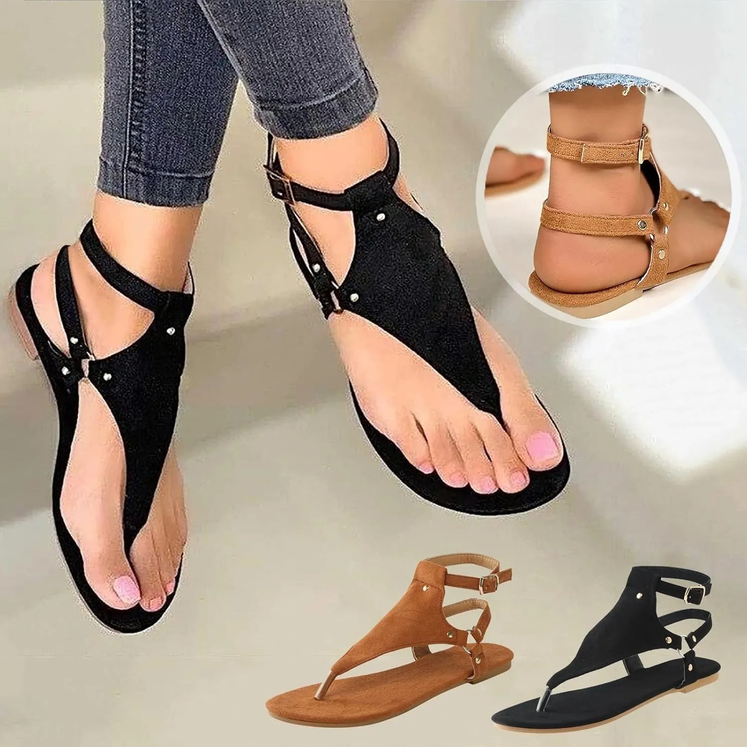 Women's Elastic Strappy Thong Ankle Strap Summer Gladiator Sandals T-Strap Walking Thong Sandals for Women, Beach Flat Walking Shoes Comfortable Slip on Dress Shoes