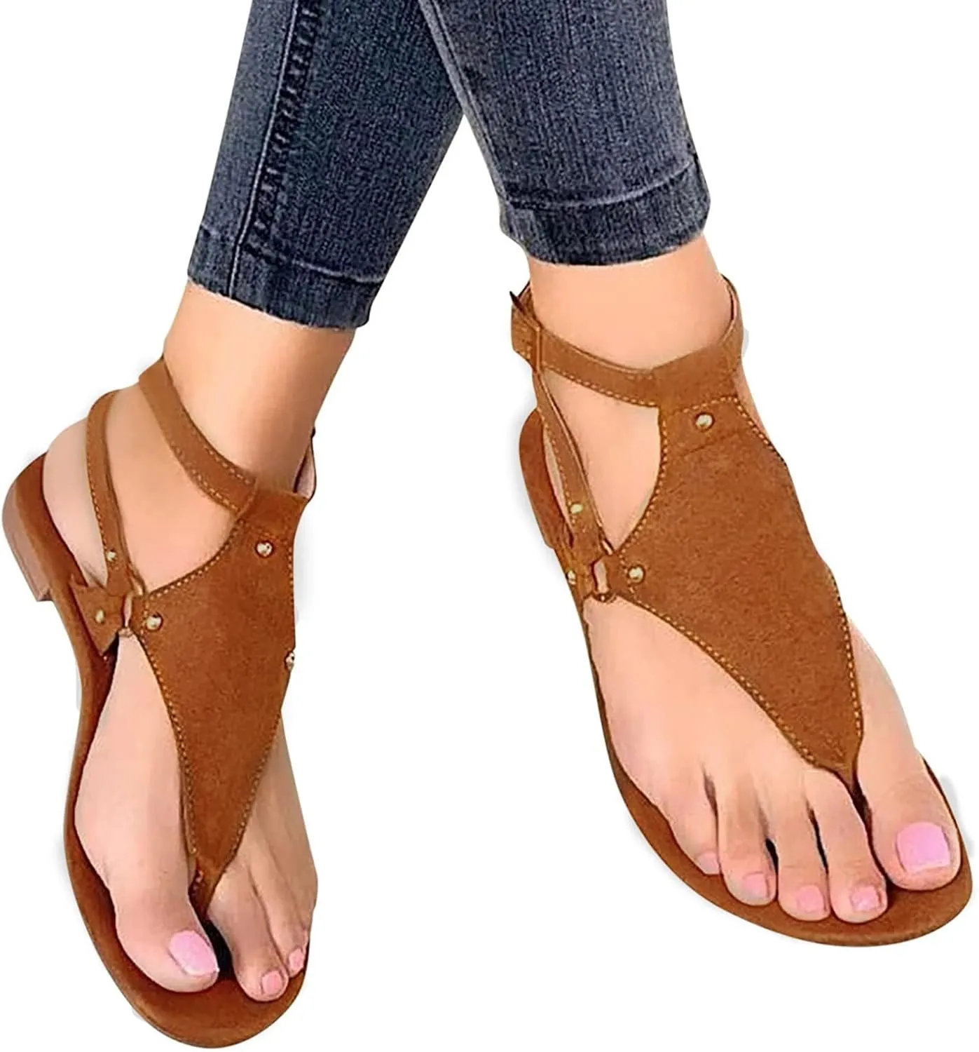 Women's Elastic Strappy Thong Ankle Strap Summer Gladiator Sandals T-Strap Walking Thong Sandals for Women, Beach Flat Walking Shoes Comfortable Slip on Dress Shoes
