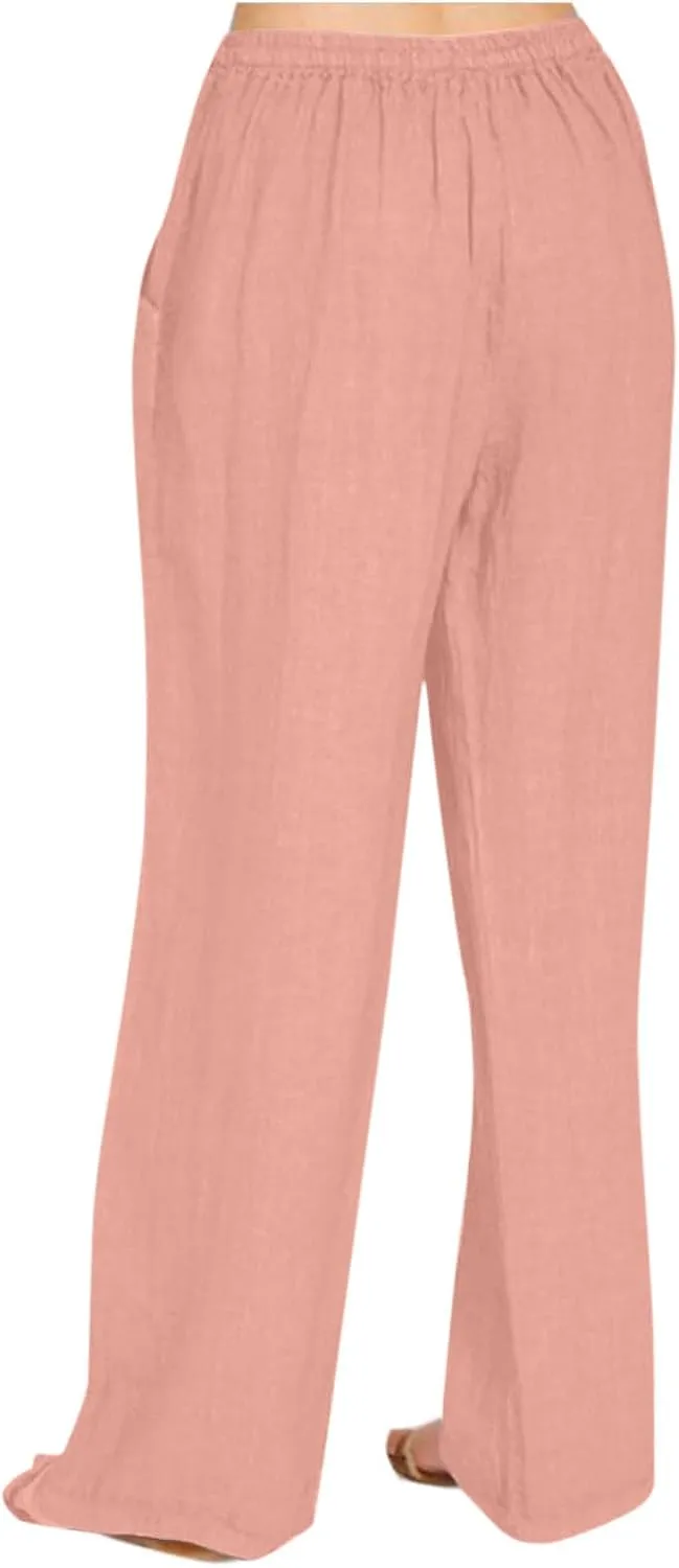 Women's Elastic Waist Solid Color Cotton Linen Pants Summer Loose Fit Casual Office Trousers with Pockets 2025